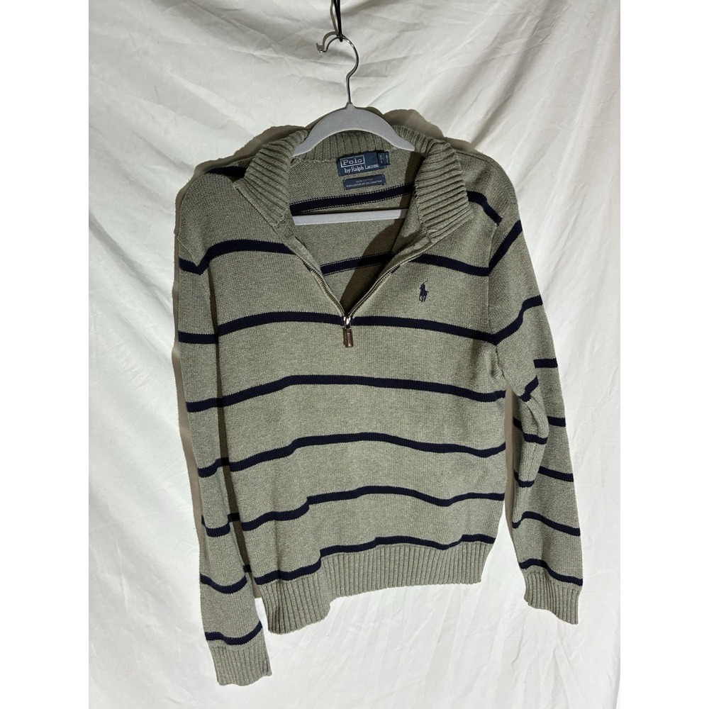 Polo Ralph Lauren Mens Gray Quarter Zip Pullover Pony Logo Striped L